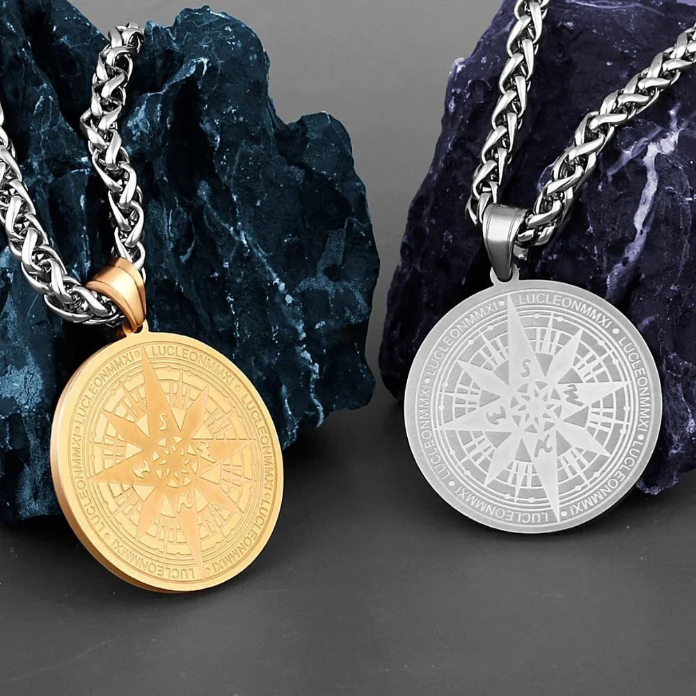 ❤️Vintage Golden Compass Stainless Steel Unisex Pendant Necklace, GP1231171